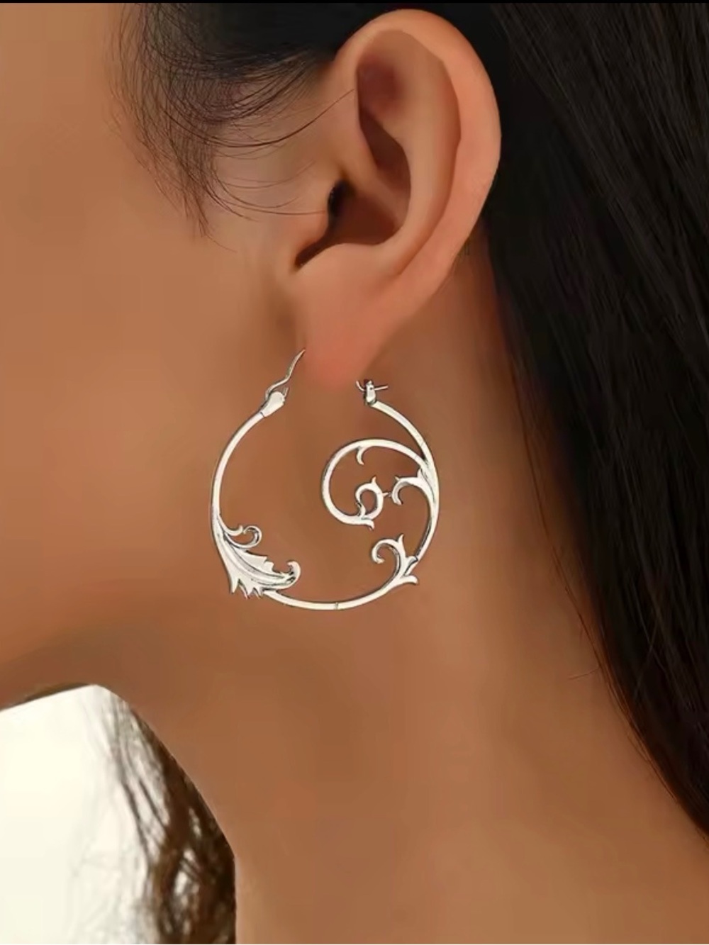 Anthropologie Silver Tone Ornate Scroll Hoop Earrings Statement Filigree NWOT